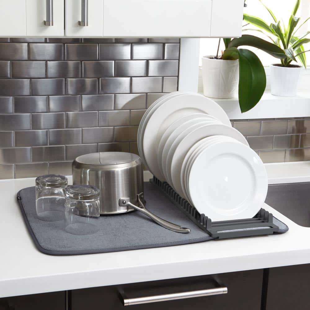 Charcoal Foldable Plastic Dish Drying Rack with Mat