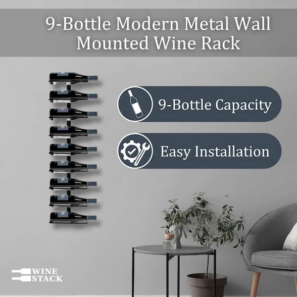 9-Bottle Black 35.43 in.W Metal Wall Mounted Wine Rack Wine Bottle Storage Organizer for Home Bar, Kitchen, Wine Cellar