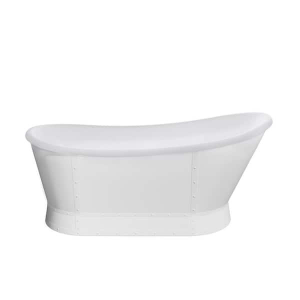 66 in. x 30 in. Acrylic Oval Flat Bottom Freestand Soaking Bathtub with Drain in Glossy White