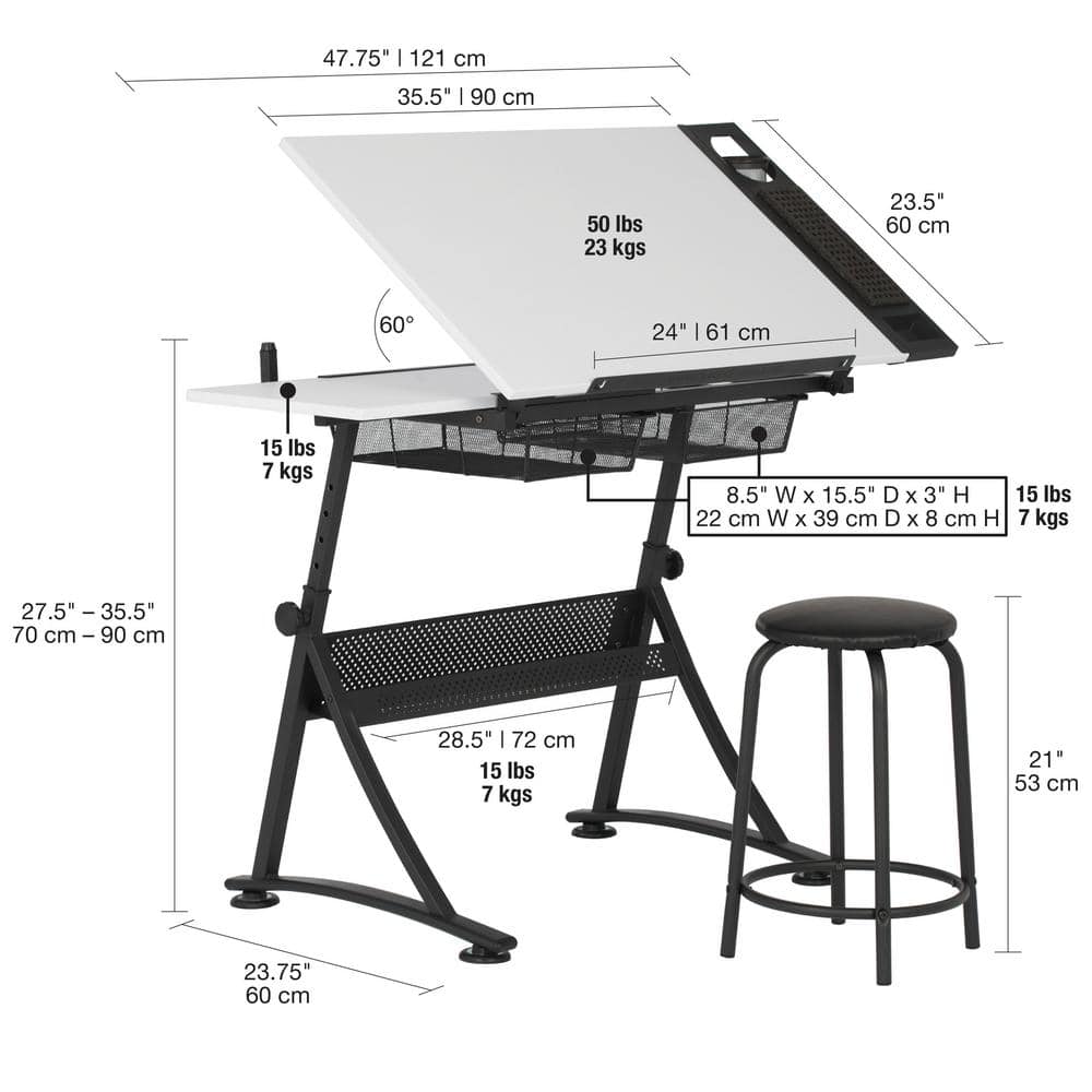 Adjustable White Metal Drafting Table with Storage Drawers