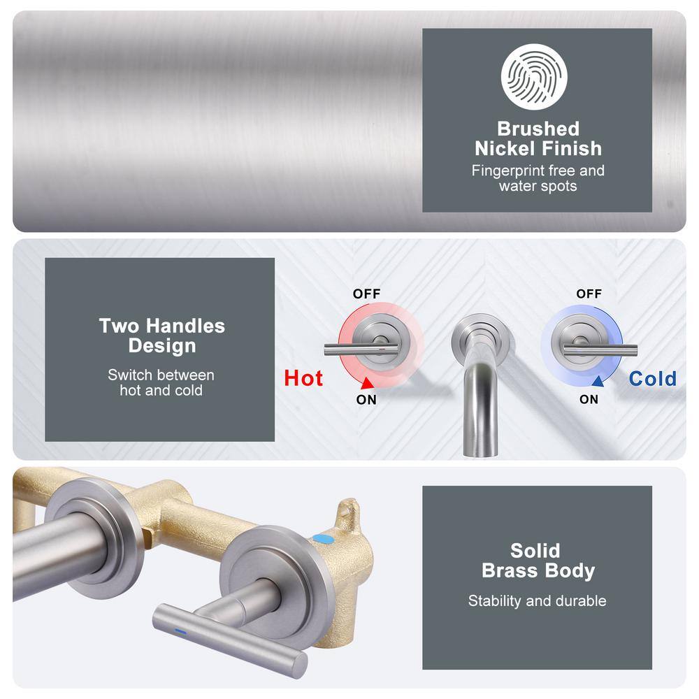 Brushed Nickel Double Handle Wall Mounted Roman Tub Faucet