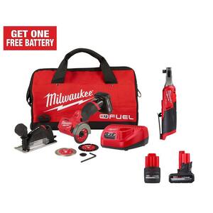 M12 FUEL 12V 3 in. Lithium-Ion Brushless Cordless Cut Off Saw Kit & 3/8 in. Ratchet w/5.0 Ah & 2.5 Ah Batteries