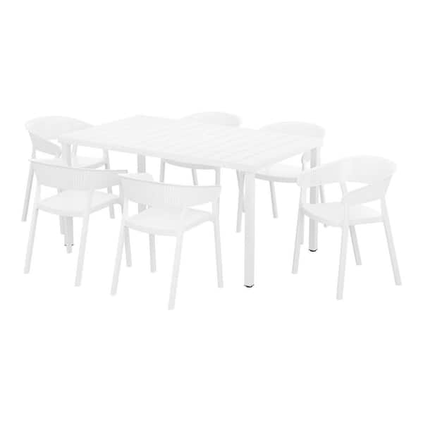 Frond and Form Outdoor Patio Modern 7-Piece Rectangular Steel Table, 6 Stackable HDPE Plastic Chairs Dining Set, White