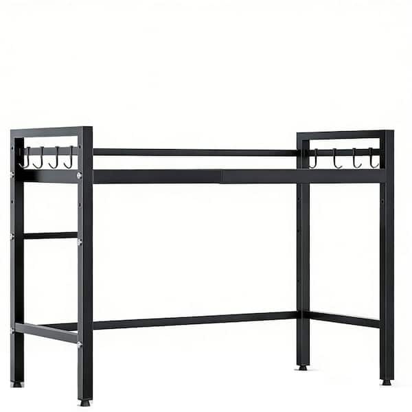 2-Tier Black Metal Kitchen Countertop Organizer Shelves with 8 Hooks, Pull-Out Microwave Shelf, 55lbs Weight Capacity