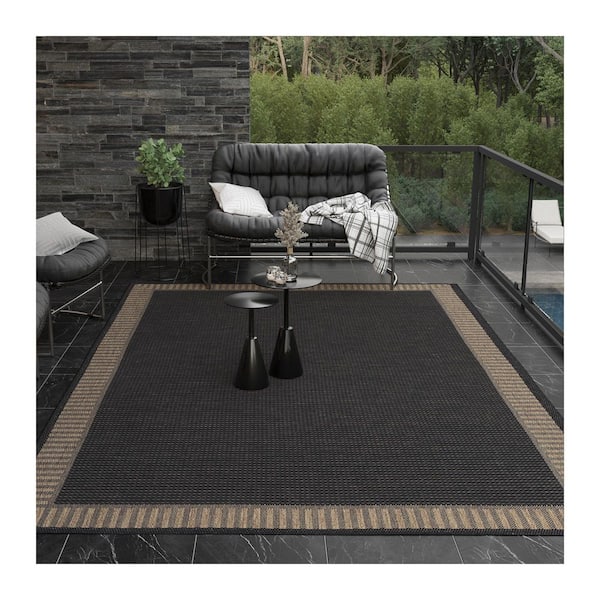 Recife Wicker Stitch Black-Brown 8 ft. x 8 ft. Flatwoven Solid Round Indoor/Outdoor Area Rug
