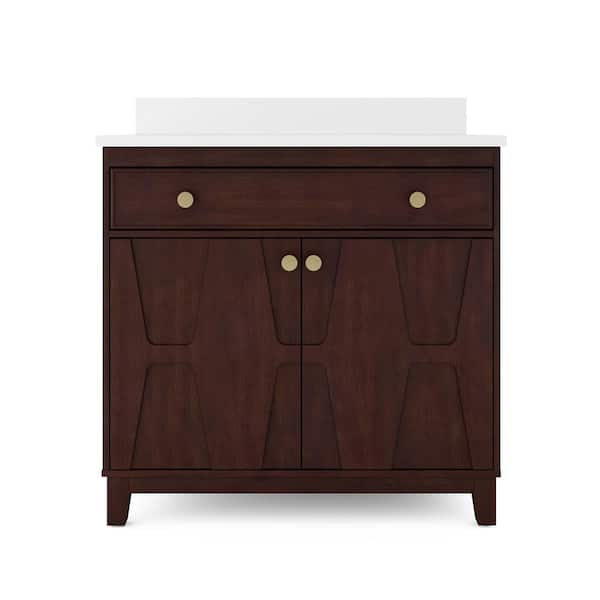 SCOTT LIVING Flaherty 36 in. W x 20 in. D x 34.5 in. H Bathroom Vanity in Cherry with Quartz Vanity Top in White with White Basin