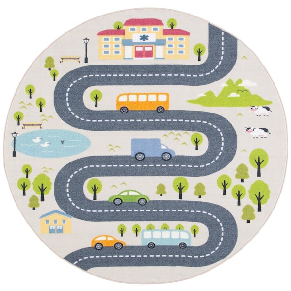 Kids Playhouse Beige/Green 5 ft. x 5 ft. Machine Washable Novelty Round Area Rug