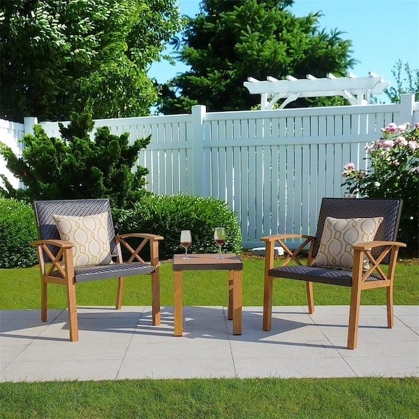 Clihome 3-Piece Wood Aluminium Patio Bistro Set with Grain Aluminum Wicker Padded Porch Chairs and Coffee Table