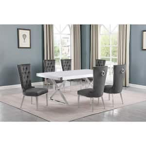 Miguel 7-Piece Rectangle White Wood Top Silver Stainless Steel Dining Set with 6-Dark Gary Velvet Chairs