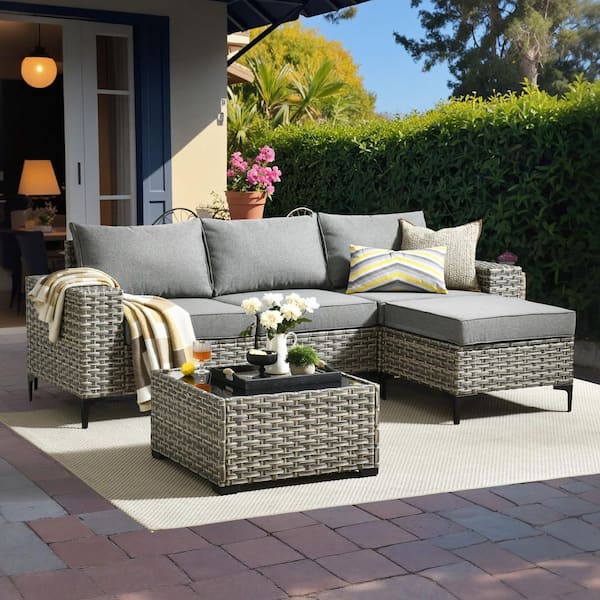 Sunny 5-Piece Wicker Wide Arm Outdoor Furniture Patio Conversation Sofa Seating Set with a Table and Dark Grey Cushions