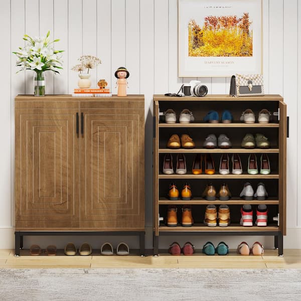 BYBLIGHT 37 in. H x 31 in. W Rustic Brown MDF Shoe Storage Cabinet