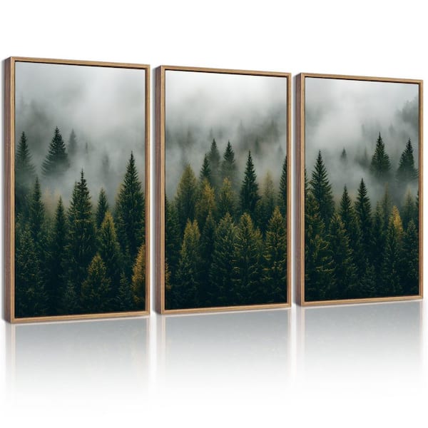 3-Piece Nature Brown Poster Framed Green Fog Pine Tree Wall Canvas Art Print 11 in. x 14 in.