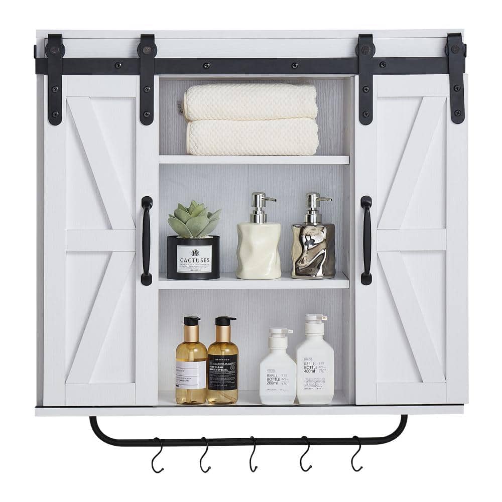 White Bathroom Wall Cabinet, 2 Doors with Open Partition, Towel Bar and Hooks, Over-the-Toilet Storage Organizer price history on PriceWatchPro