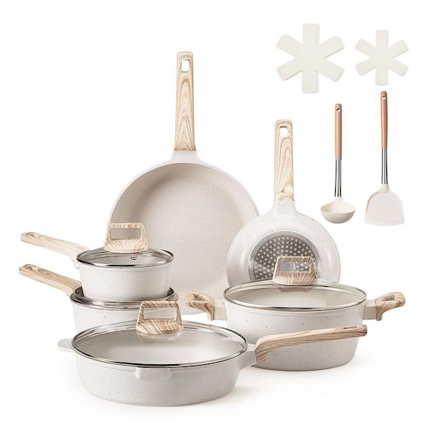 17 Piece Pots and Pans Set, Granite Nonstick Cookware Set, Induction Cookwares, Kitchen RV Cooking Sets, White Aluminum