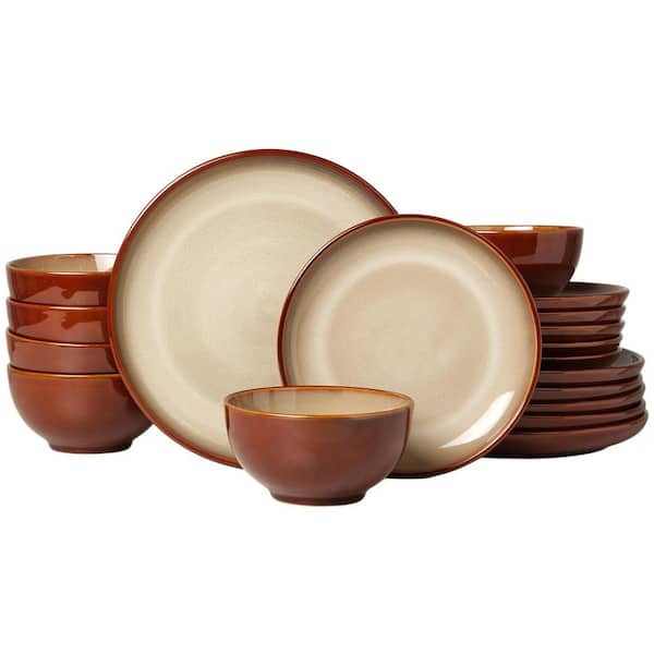 18-Piece Brown Yellow Stoneware Dinnerware Sets, Reactive Glaze Plates and Bowls Sets Handmade Dish Set, Service for 6