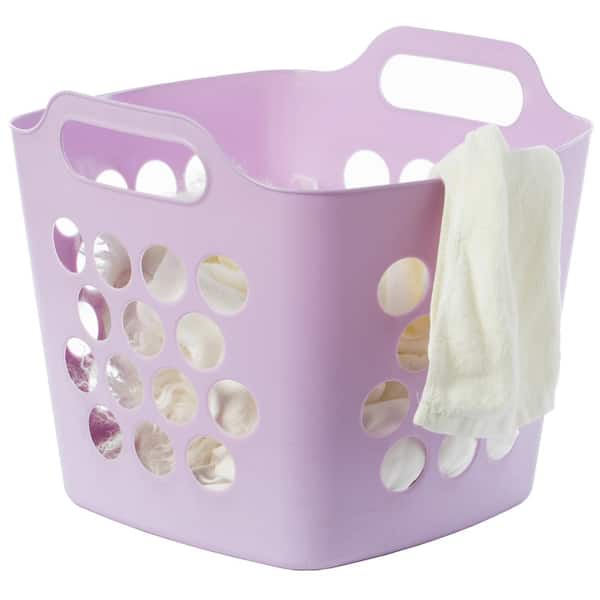 Basicwise Flexible Plastic Carry Laundry Basket Holder Square Storage Hamper with Side Handles, Purple