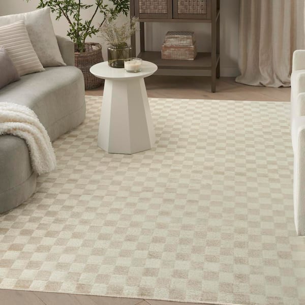 Serenity Home Beige 9 ft. x 12 ft. Checker Contemporary Area Rug