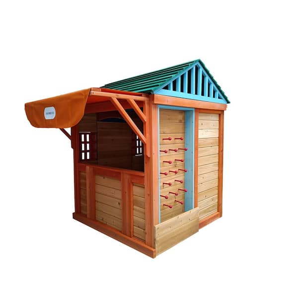 61.4 in. L x 45.98 in. W x 64.17 in. H Outdoor Wooden 4-in-1 Game House for kids Garden playhouse with different games
