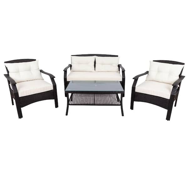 Tunearary 4 Pieces Wicker Patio Sofa Seating Conversation Set with Beige 3 Seat Cushions and 4 Back Cushions