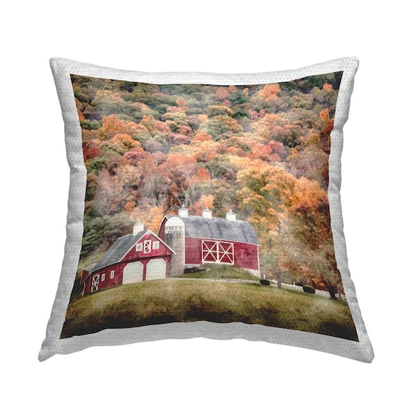 Stupell Industries Red Barn with Fall Foliage Multi-Color Square Outdoor Throw Pillow