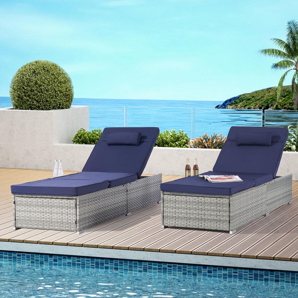 Gray Wicker Outdoor Chaise Lounge with Navy Blue Cushions and Adjustable Backrest for Poolside Backyard (Set of 2) price history on PriceWatchPro