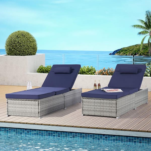 Gray Wicker Outdoor Chaise Lounge with Navy Blue Cushions and Adjustable Backrest for Poolside Backyard (Set of 2)