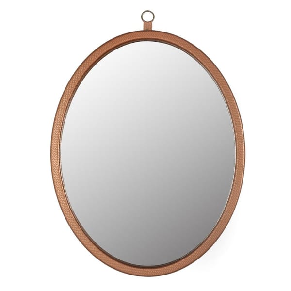 FAMYYT 23.6 in. W x 29.9 in. H Small Oval PU Covered MDF Framed Wall Bathroom Vanity Mirror in Champagne Gold