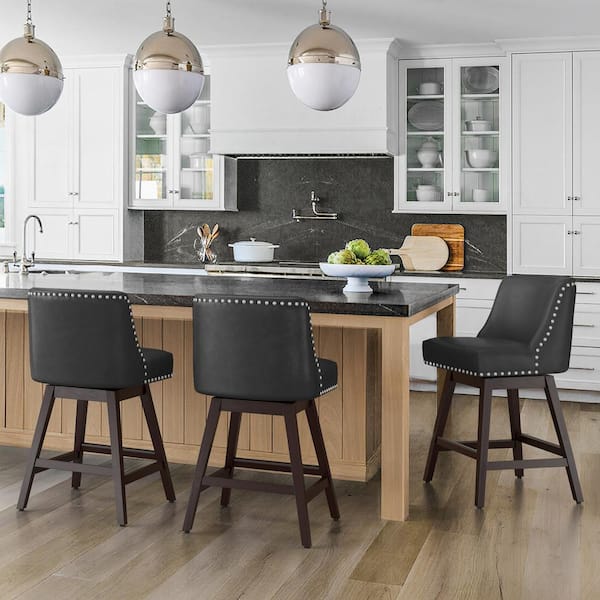 26 in. Black Solid Wood 360 Free Swivel Upholstered Counter Bar Stool with Back, Performance Faux Leather Bar Stool