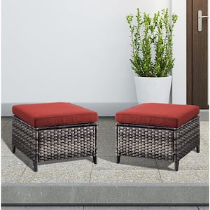 Carolina Wicker Outdoor Ottoman with Red Cushion (2-Pack)