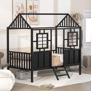 Black Twin Size Metal Low Loft House Bed with Roof and Two Front Windows