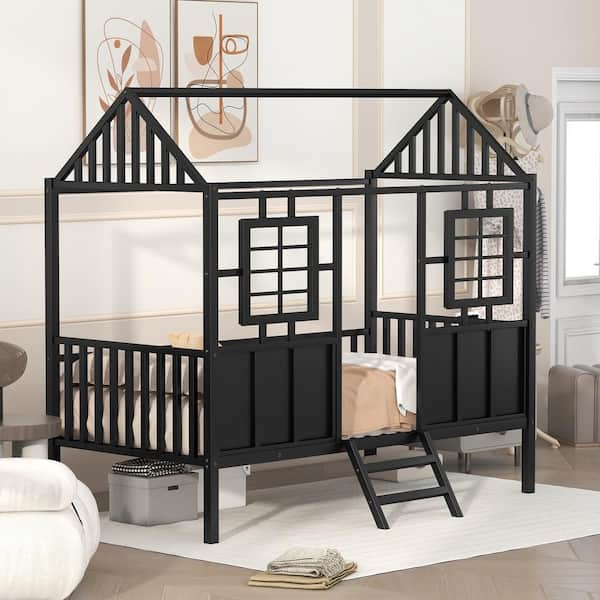 Harper & Bright Designs Black Twin Size Metal Low Loft House Bed with Roof and Two Front Windows
