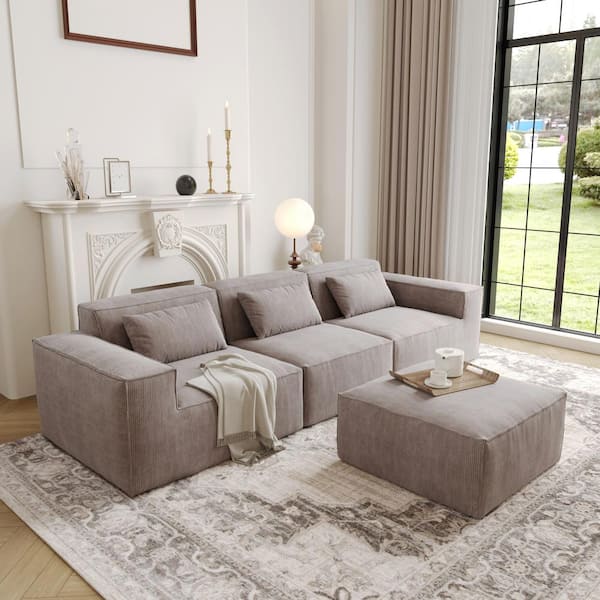 118.12 in Square Arm Corduroy Fabric Rectangle Modern 3-Seater Modular Sofa in Brown