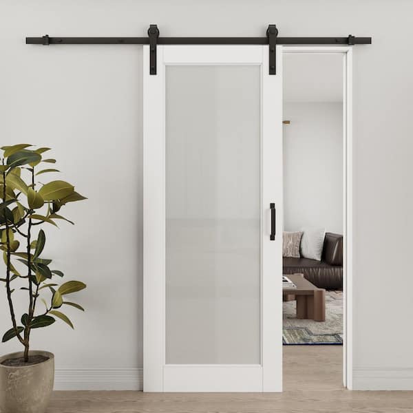 34 in. x 80 in. Waterproof 1-Lite Frosted Glass White Primed MDF Sliding Barn Door with Hardware Kit and Soft Close