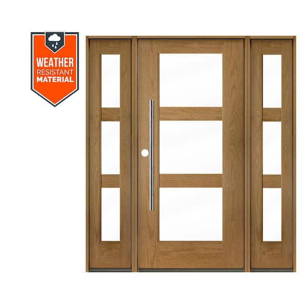Modern Faux Pivot 64 in. x 79 in. 3-Lite Right-Hand/Inswing Clear Glass Bourbon Stain Fiberglass Prehung Front Door wDSL