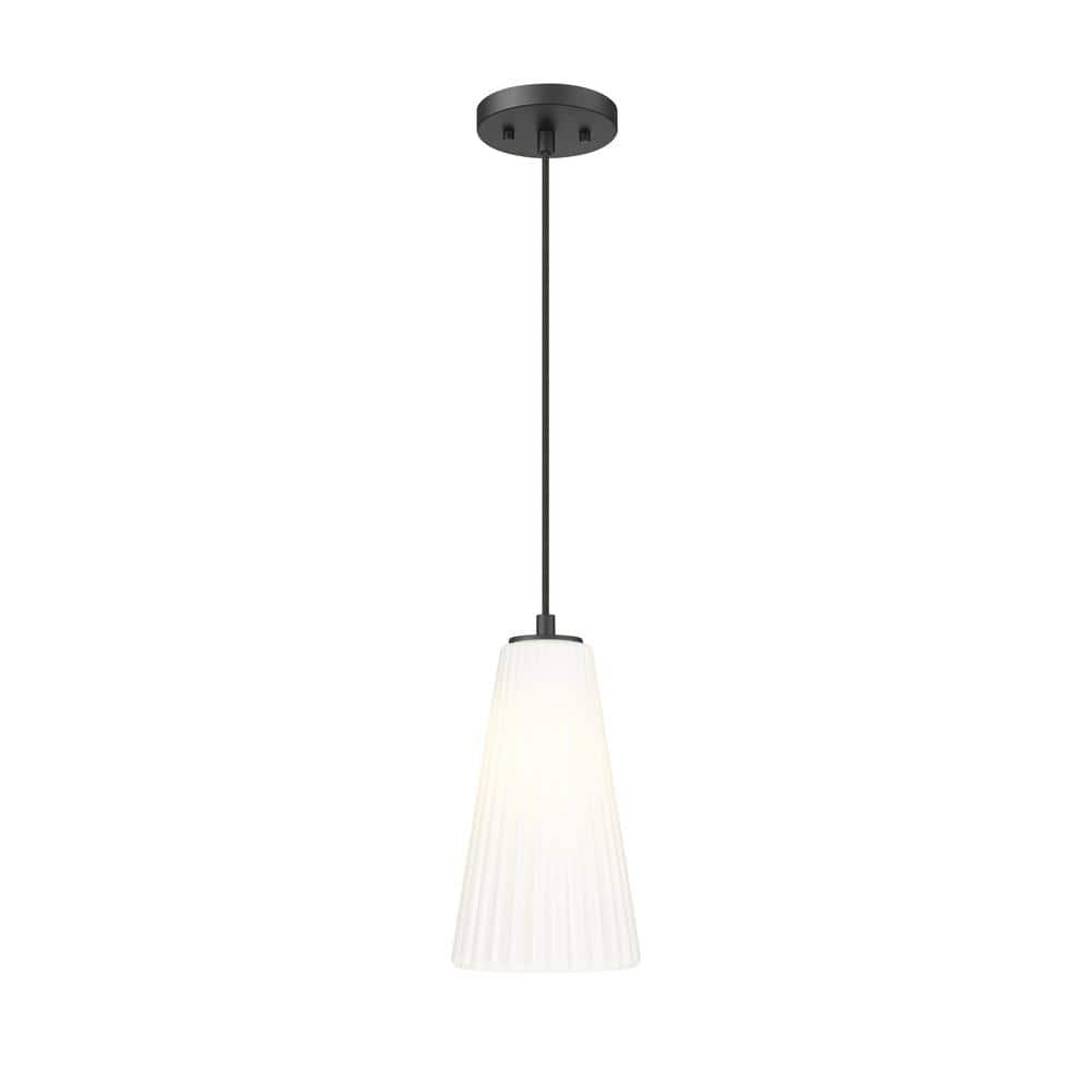 Farrell 60-Watt 1-Light Matte Black Pendant-Light with White Glass shade, n
