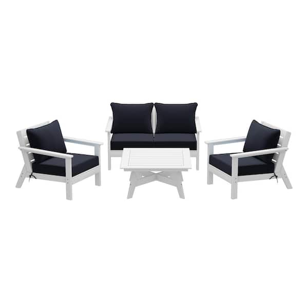WESTIN OUTDOOR Birchwood White Arrangeable 5-Piece Outdoor Patio HDPE Deep Seating Conversation Lounge Set w/ Navy Blue Cushions