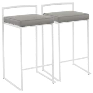 Fuji 26 in. White Stackable Counter Stool with Grey Faux Leather Cushion (Set of 2)