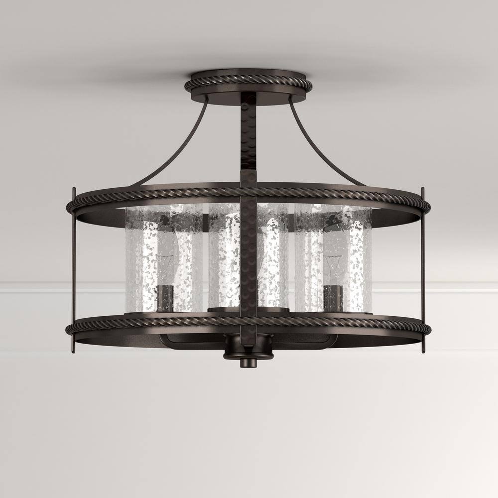 Palencia Artisan Black 16" Glass Semi-Flush Mount with Seedy Shade