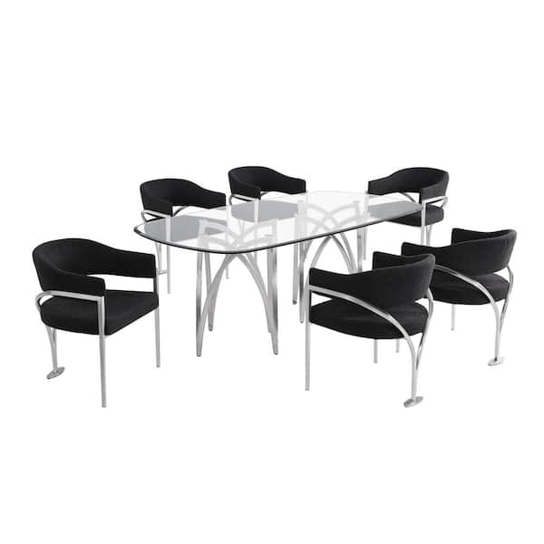 Best Quality Furniture Amelia 7-Piece Clear Tempered Glass Top Chrome Plated Base Dining Set with 6 Black Color Chairs