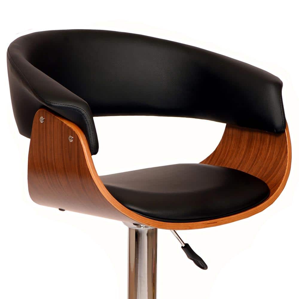 Contemporary Black Leather Adjustable Swivel Barstool with Walnut Accents
