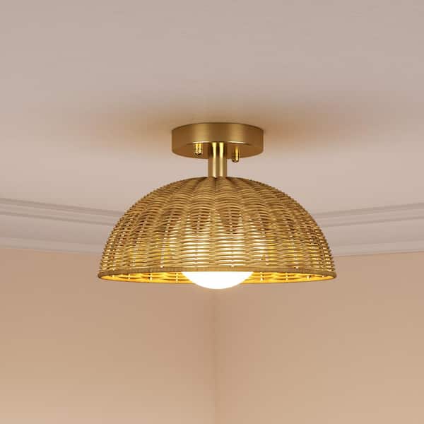 Collision 12 in. 1-Light Brass Base Semi-Flush Mount with Wicker Shade (Bulb not included.).