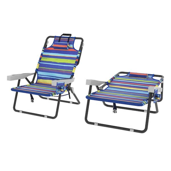 VEIKOUS 2-Pack Folding Portable Metal Beach Chairs w/ Removable Pillows and 5-Position Adjustable Backrest in Multi-Color Stripe