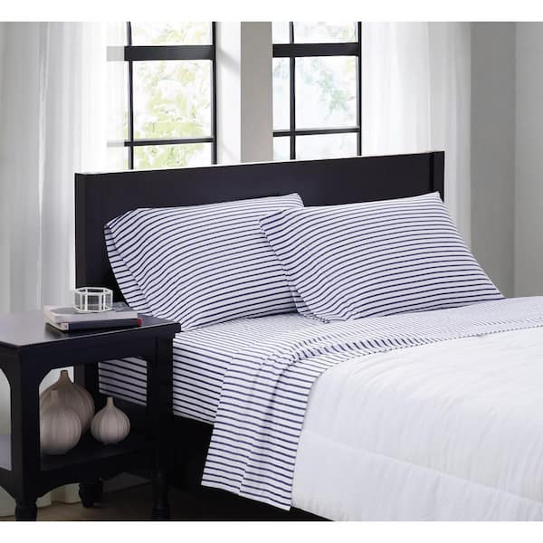 Truly Soft Pinstripe 4-Piece White/Navy Microfiber Queen Sheet Set