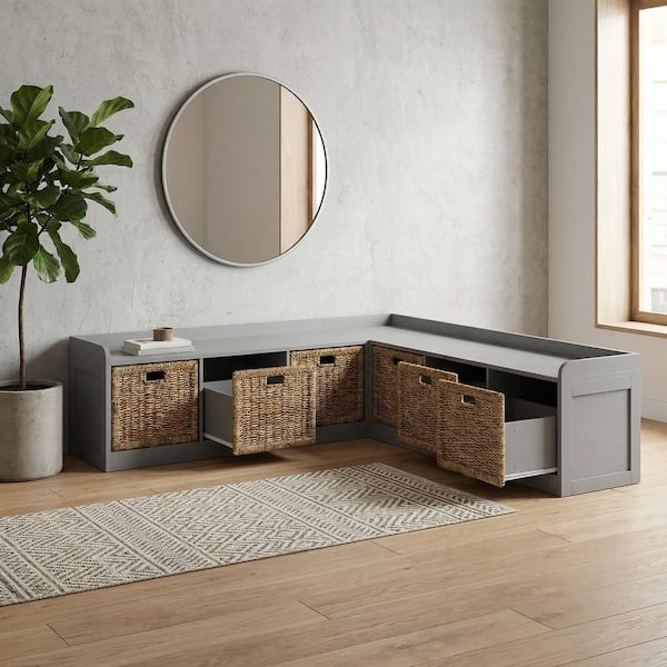 FUFU&GAGA 17.7 in. H x 63 in. W Gray Wood Shoe Storage Bench with