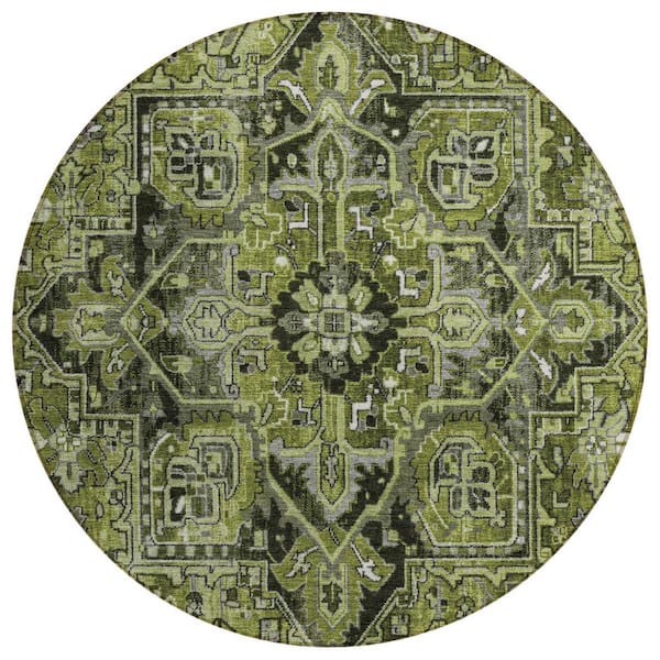 HomeRoots Olive Green and Dark Green 8 ft. Round Woven Oriental Round Indoor/Outdoor Area Rug