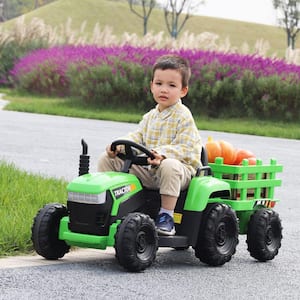 12-Volt Kids Battery Powered Electric Tractor with Trailer in Green