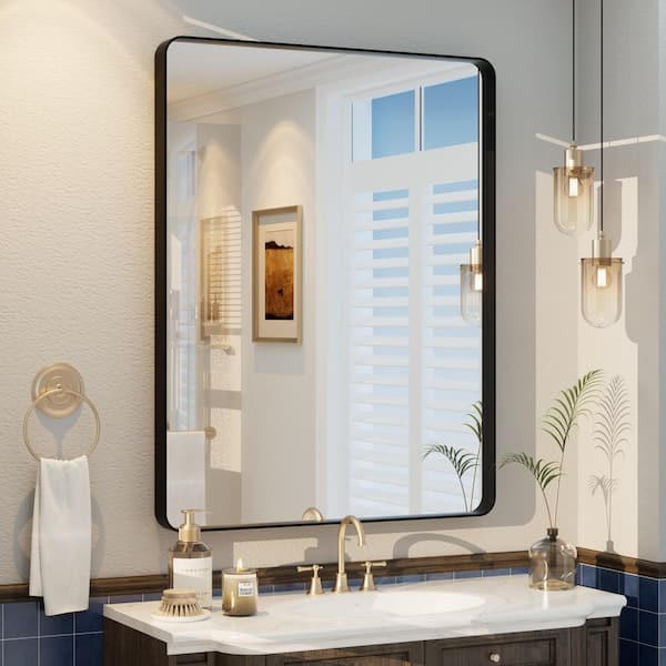 28 in. W x 36 in. H Rectangular Aluminum Alloy Framed and Tempered Glass Wall Bathroom Vanity Mirror in Matte Black