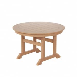 Hayes 47 in. All Weather HDPE Plastic Round Outdoor Dining Trestle Table with Umbrella Hole in Teak