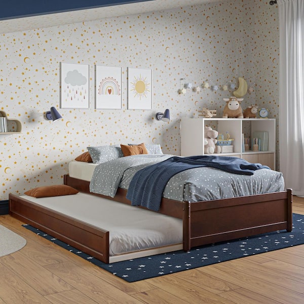 AFI Barcelona Walnut Brown Solid Wood Frame Twin Panel Platform Bed with Twin Trundle