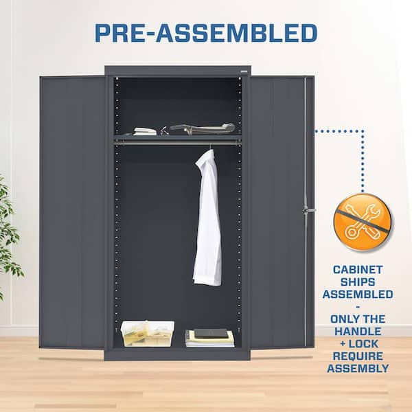 36 in. W x 72 in. H x 24 in. D 24-Gauge 2-Shelf Steel Freestanding Wardrobe Storage Cabinet in Charcoal